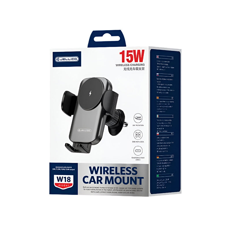 Draadloze autolader met ventilatieclip 15W | Type-C Ingang - Jellico W18