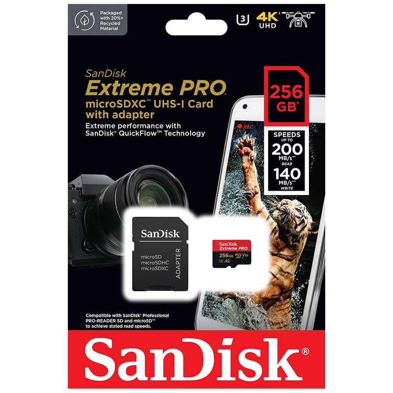 SanDisk Extreme PRO 256GB UHS-I microSDXC Kaart met Adapter - 200MB/s Leessnelheid