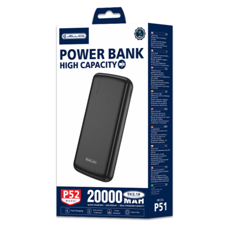 Li-Polymeer Powerbank 20.000 mAh 2x USB-A Uitgang, Type-C Ingang – Jellico P 52