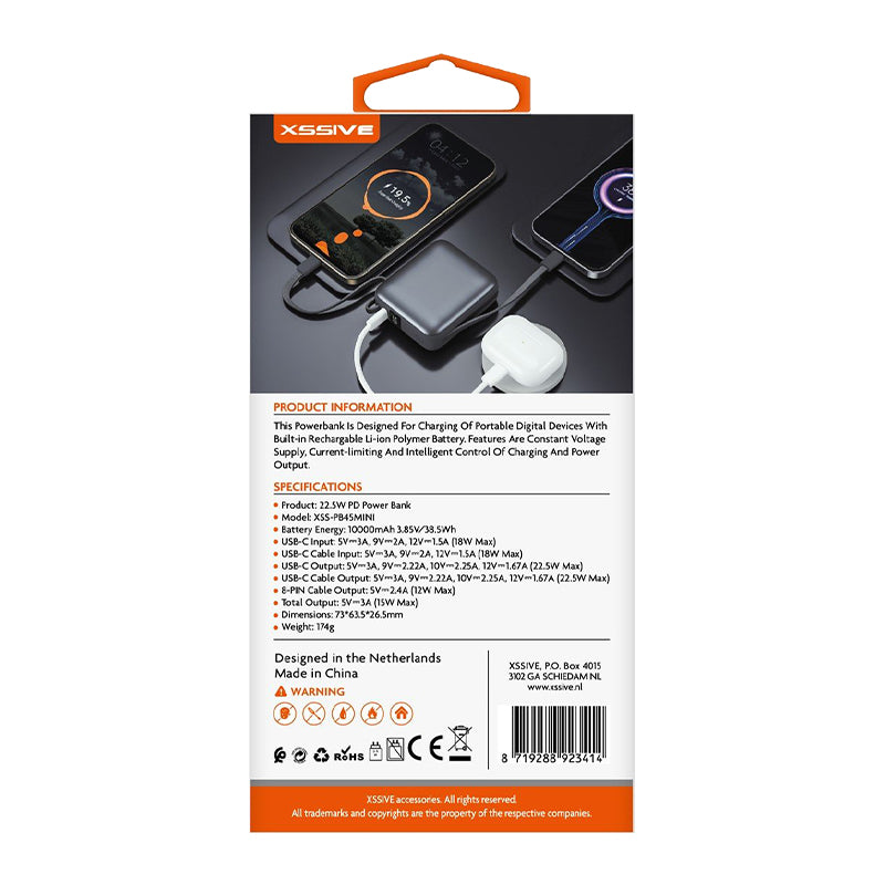 Xssive Mini Powerbank met Ingebouwde Kabel – 10.000mAh Snelladen (XSS-PB45 MINI)