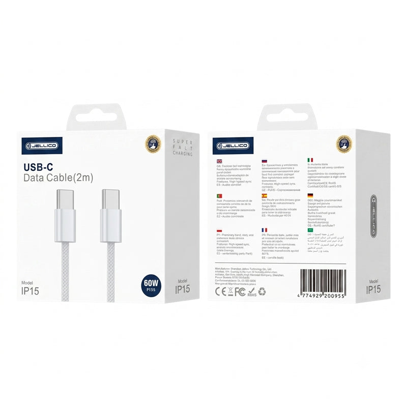 Jellico PD USB-C naar USB-C Kabel 2m – Type-C naar Type-C Snellaadkabel voor iPhone 15