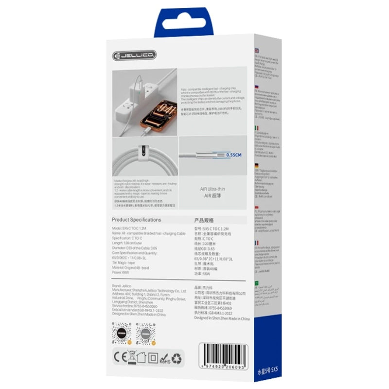 Jellico USB-C naar USB-C PD Kabel 66W – Wit, Model SX5