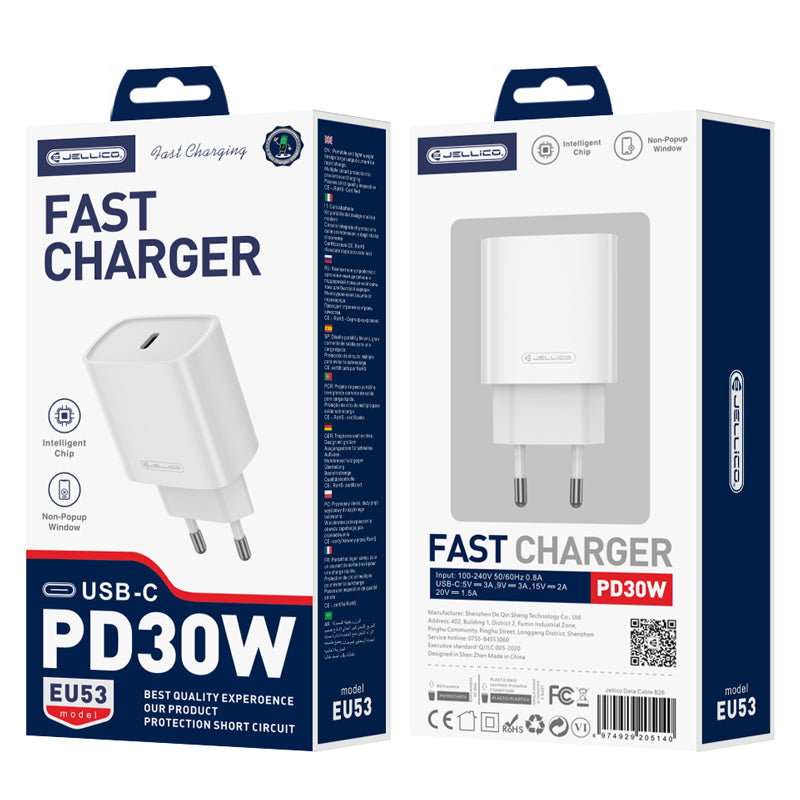 Jellico EU53 Kit – Complete 30W PD Wall Charger with USB-C Adapter & Type-C to Lightning Cable
