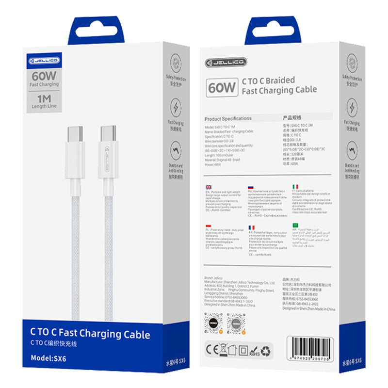 Jellico USB-C naar USB-C PD Kabel 60W – Wit, Model SX6