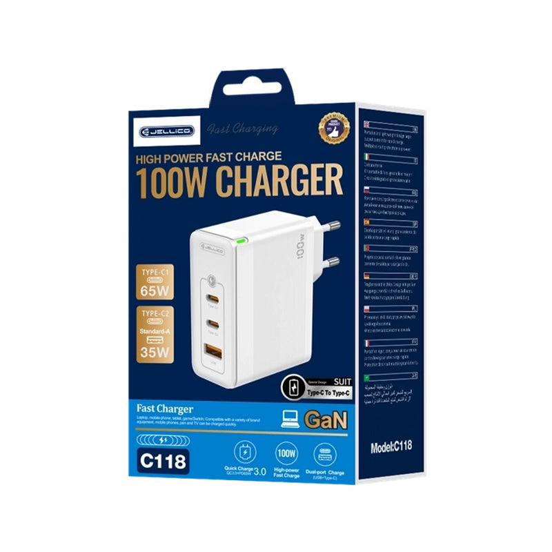 GaN PD+PD+QC 100W ( 3 ports supporting fast charger) -Jellico C118