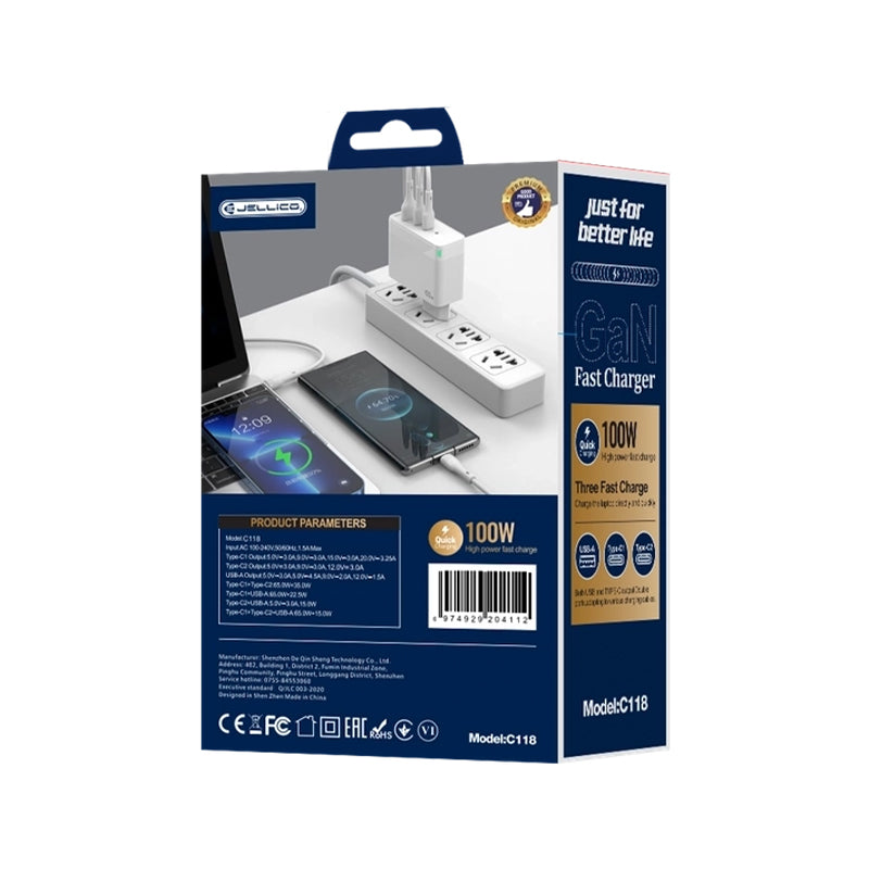 GaN PD+PD+QC 100W ( 3 ports supporting fast charger) -Jellico C118