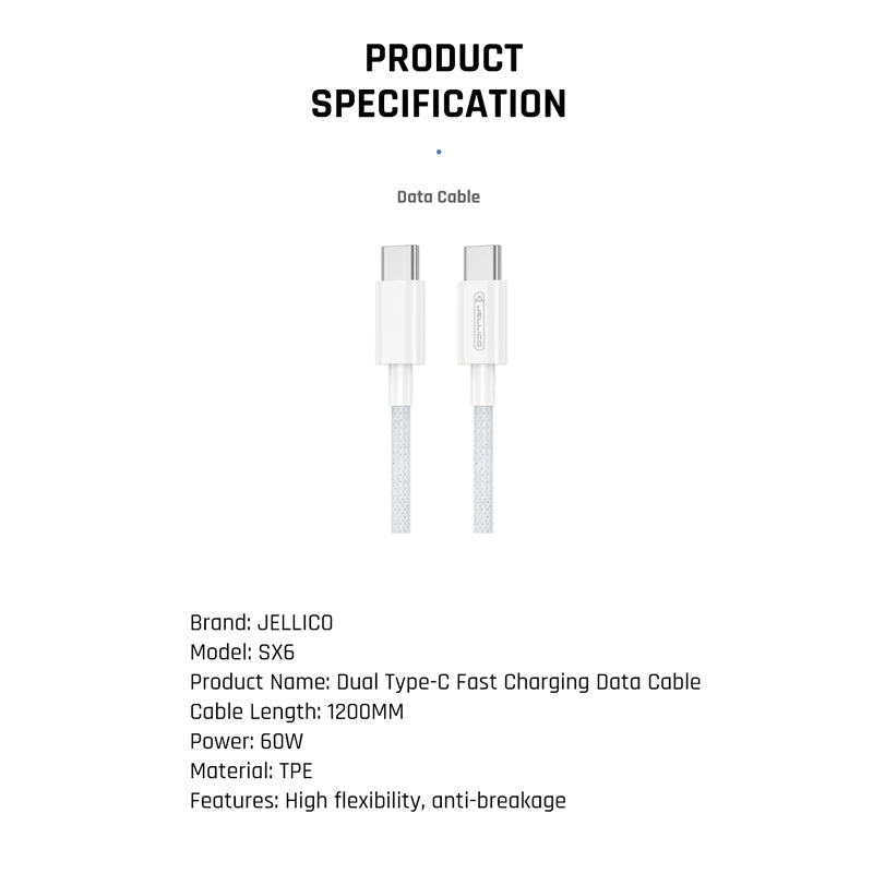 Jellico USB-C naar USB-C PD Kabel 60W – Wit, Model SX6