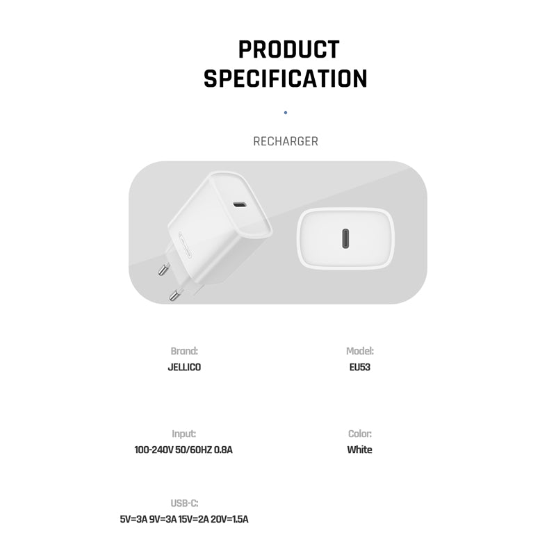 Jellico EU53 Kit – Complete 30W PD Wall Charger with USB-C Adapter & Type-C to Lightning Cable