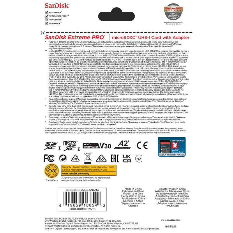 SanDisk Extreme PRO 256GB UHS-I microSDXC Kaart met Adapter - 200MB/s Leessnelheid