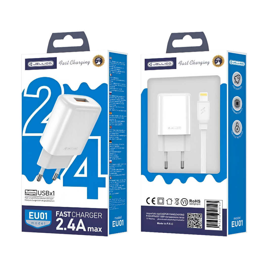 Jellico EU01 Charger Kit – USB-A to Lightning Cable + 12W Adapter | White