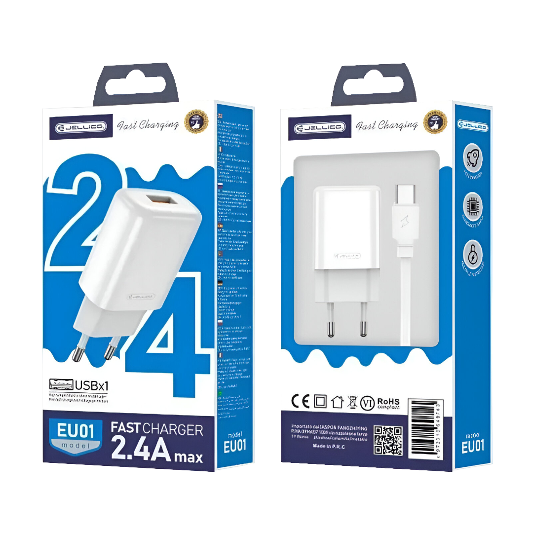 Jellico EU01 Charger Kit – USB-A to USB-C Cable + 12W Adapter | White