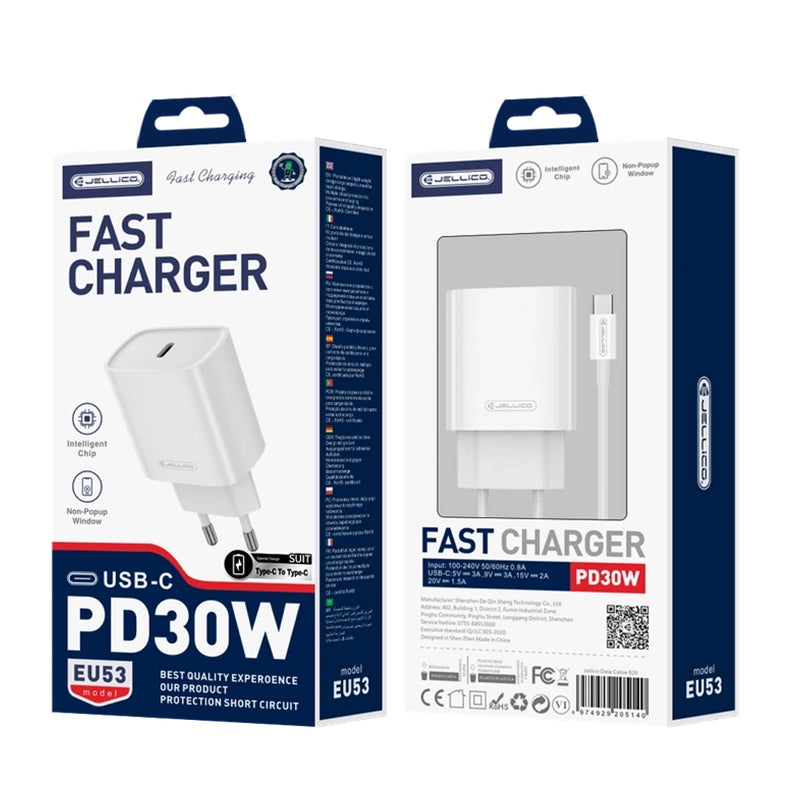 JELLICO complete Wall charger EU 53 kit 30W PD – (USB-A + USB-C connection + TypeC to Type C Cable)