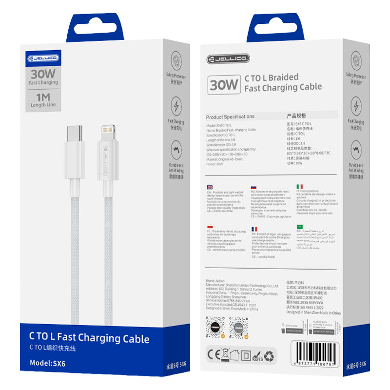 Jellico USB-C naar Lightning PD Kabel 60W – Wit, Model SX6