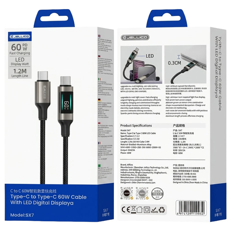 Jellico USB-C naar USB-C PD Kabel 60W – Wit, Model SX7