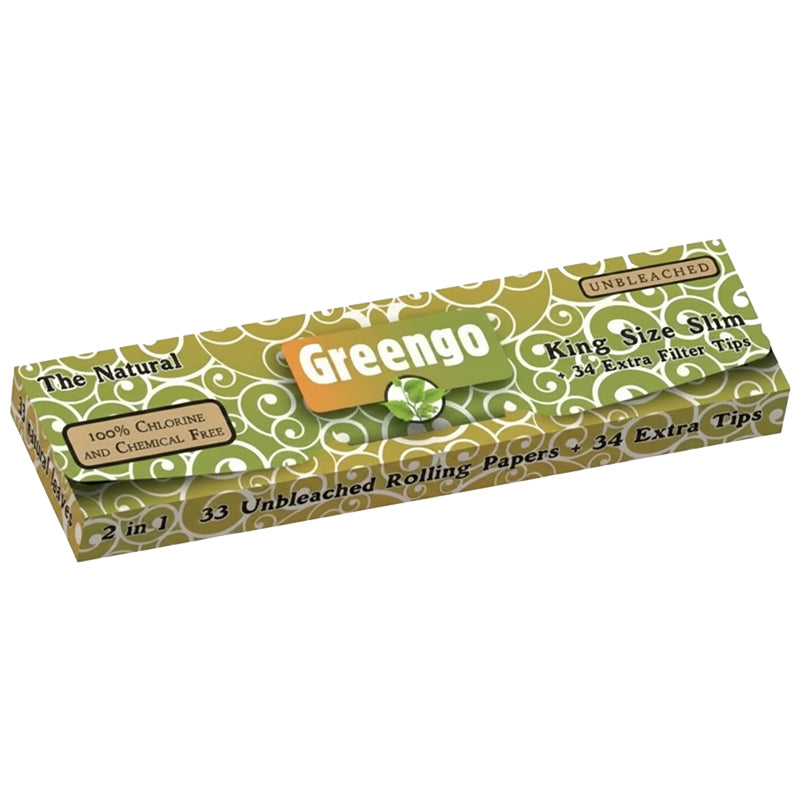 Greengo King Size Slim 2-in-1 Vloei – Ongebleekt, 33 Vloeitjes + 34 Tips, 100% Natuurlijk
