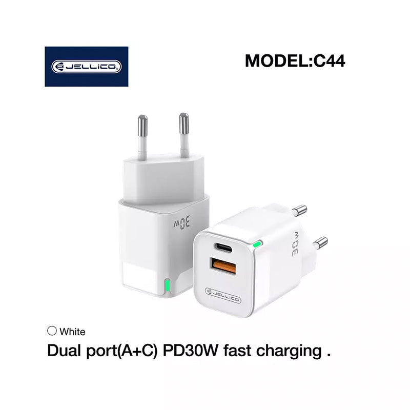 Jellico Complete Wall Charger C44 kit 30W – (USB-A and USB-C ports + Type-C to Type-C cable)