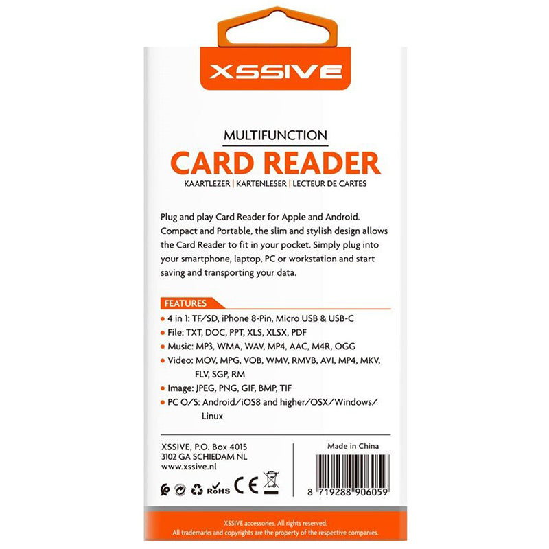 Xssive 4-in-1 Multifunctional card reader – USB, USB-C, microUSB, Lightning – XSS-OT20N
