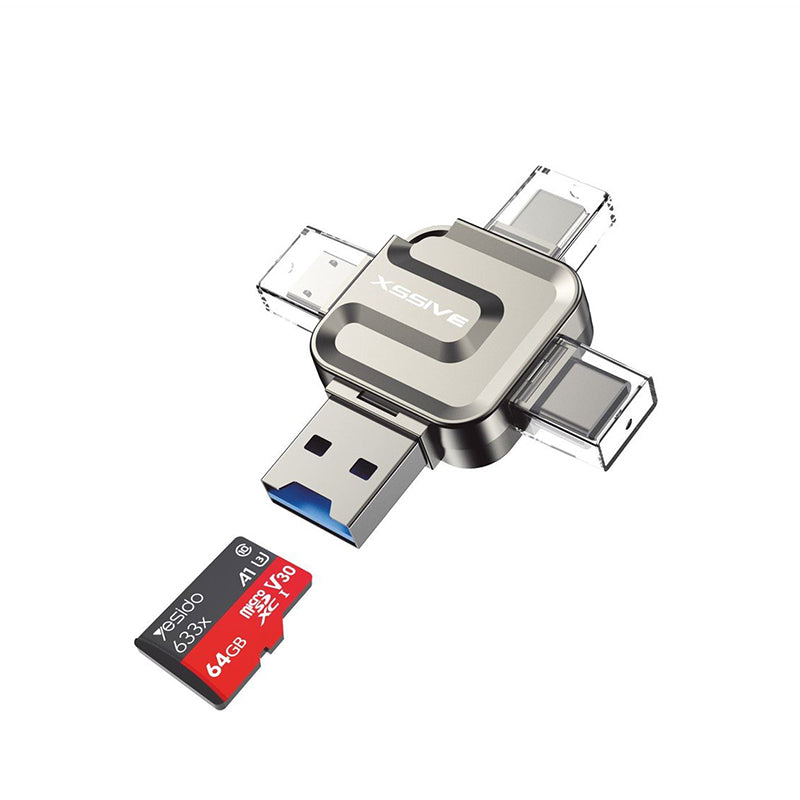 Xssive 4-in-1 Multifunctionele card reader – USB, USB-C, microUSB, Lightning – XSS-OT20N