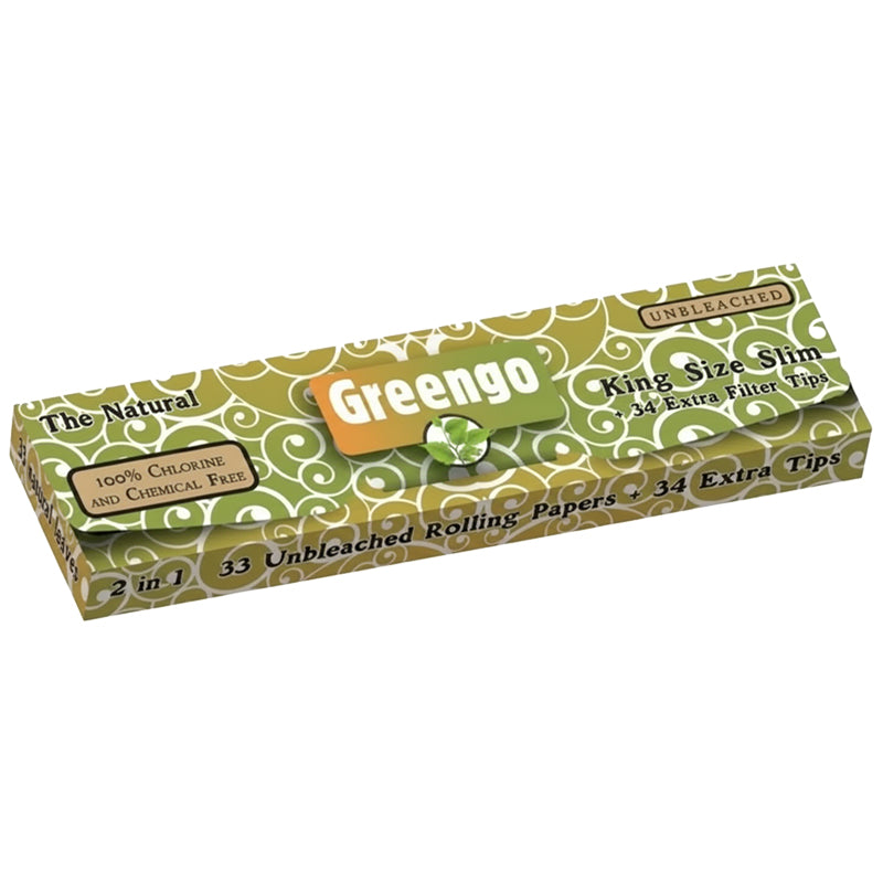 Greengo King Size Slim 2 in 1 Rolling Papers + 34 Extra Filter Tips - 100% Natuurlijk Arabisch Gum, Ongebleekt en Chemisch Vrij
