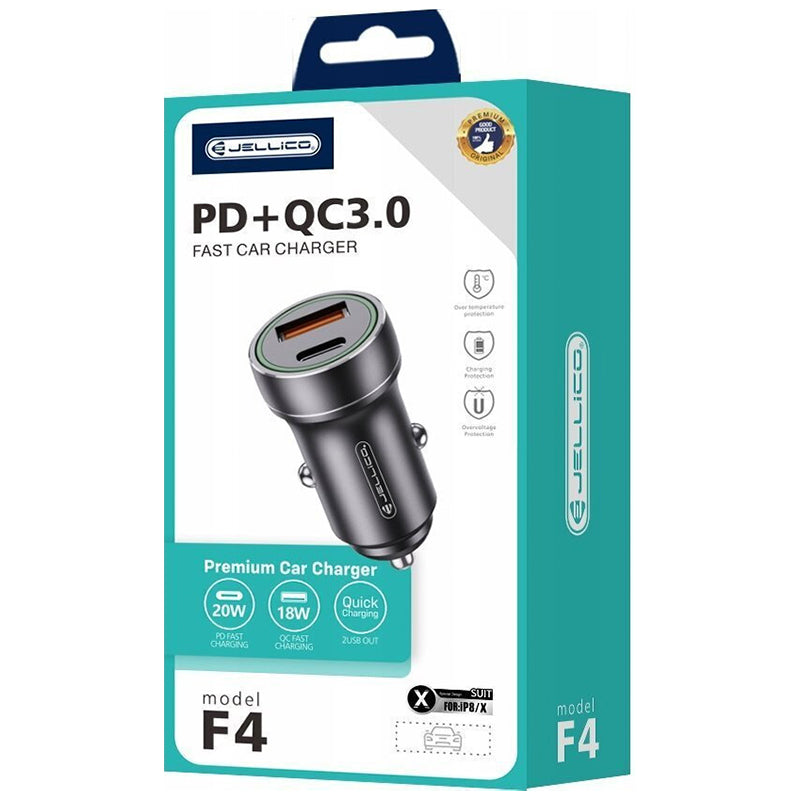 Jellico F4 PD+QC3.0 Premium Fast Car Charger | 20W PD + 18W QC | USB -A + UBB-C