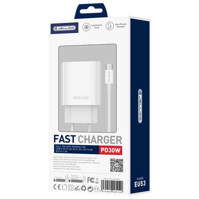 JELLICO complete Wall charger EU 53 kit 30W PD – (USB-A + USB-C connection + TypeC to Type C Cable)