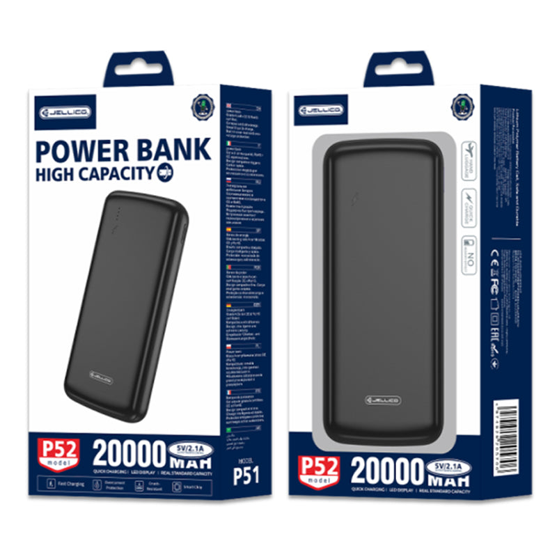 Li-Polymeer Powerbank 20.000 mAh 2x USB-A Uitgang, Type-C Ingang – Jellico P 52