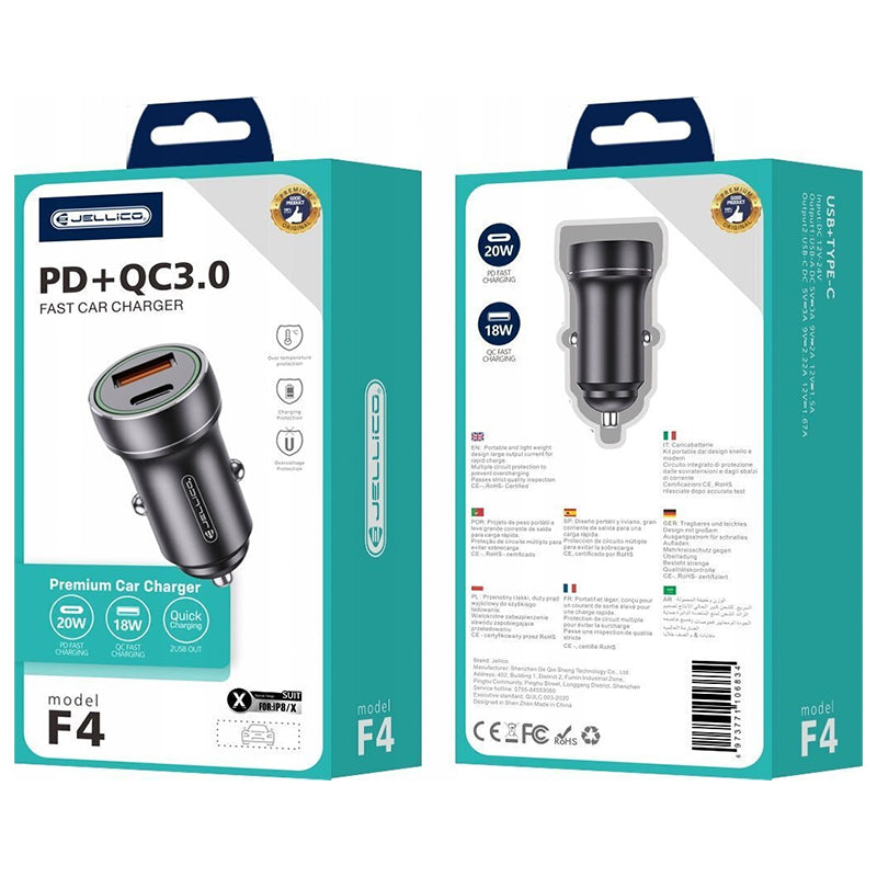 Jellico F4 PD+QC3.0 Premium Fast Car Charger | 20W PD + 18W QC | USB -A + UBB-C